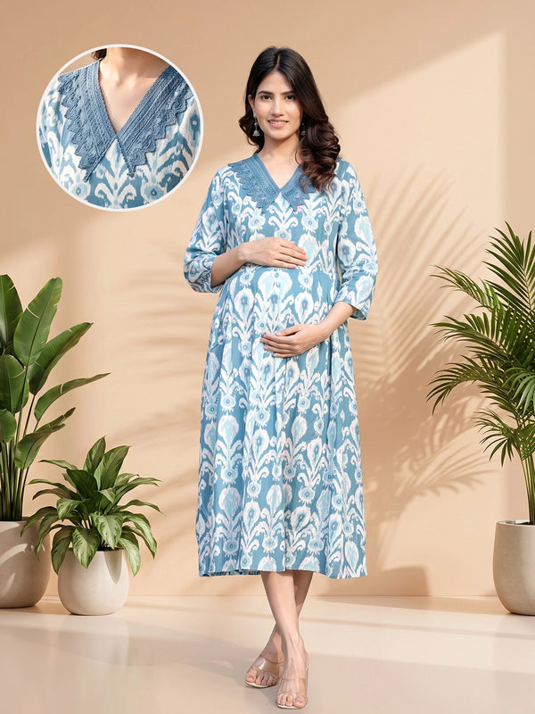 Teal Blue Ikat Print Maternity & Feeding Midi Dress with Concealed Zipper
