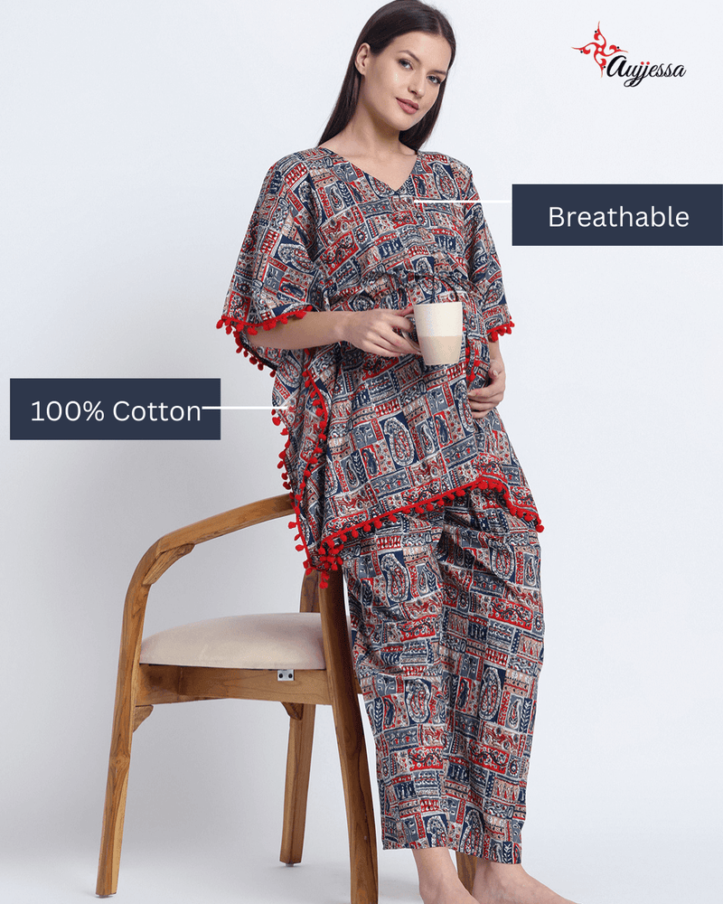 Indigo Red Ethnic Print Maternity Feeding-Friendly Kaftan Night Suit with Concealed Zipper