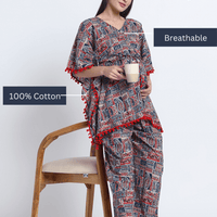 Indigo Red Ethnic Print Maternity Feeding-Friendly Kaftan Night Suit with Concealed Zipper