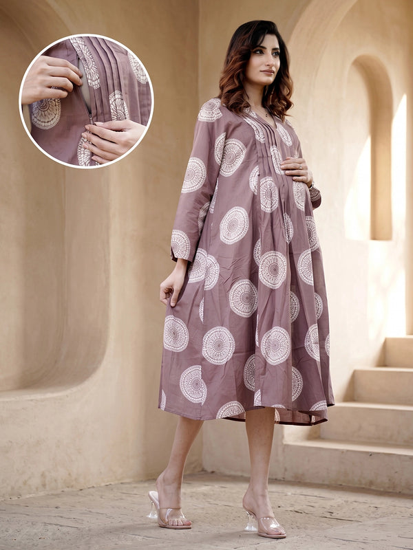Taupe Geometric Print Maternity & Feeding Midi Dress with Concealed Zipper