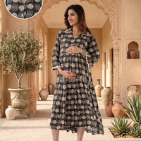 Black White Geometric Motifs Printed Maternity & Feeding Midi Dress