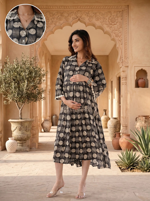 Black White Geometric Motifs Printed Maternity & Feeding Midi Dress