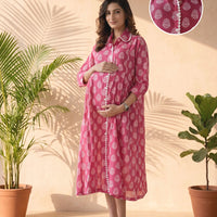 Fuchsia Ethnic Motifs Print Maternity & Nursing Midi Dress