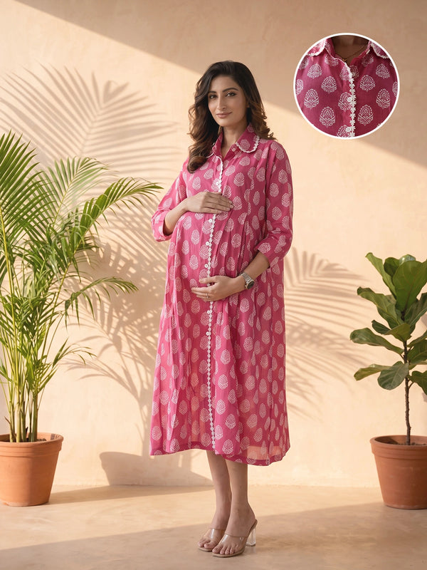 Fuchsia Ethnic Motifs Print Maternity & Nursing Midi Dress