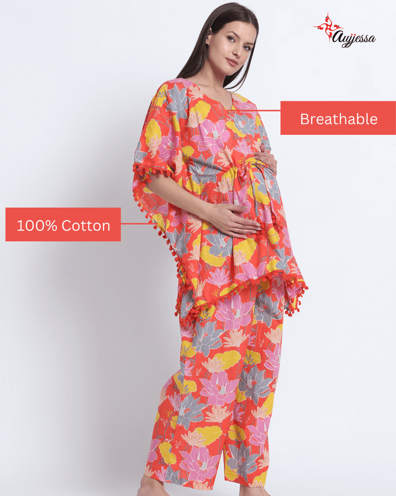Peach Multi Floral Print Maternity Feeding-Friendly Kaftan Night Suit with Concealed Zipper