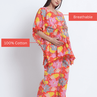 Peach Multi Floral Print Maternity Feeding-Friendly Kaftan Night Suit with Concealed Zipper