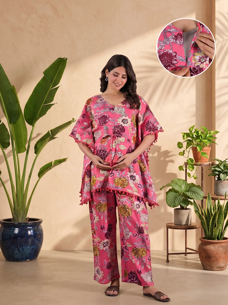 pink-multi-floral-printed-maternity-&-feeding-friendly-kaftan-night-suit-with-concealed-zipper