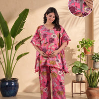 Pink Multi Floral Printed Maternity & Feeding Friendly Kaftan Night Suit with Concealed Zipper