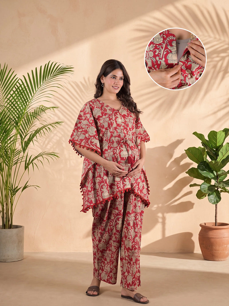 coral-ethnic-print-maternity-feeding-friendly-kaftan-night-suit-with-concealed-zipper