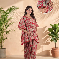 Coral Ethnic Print Maternity Feeding-Friendly Kaftan Night Suit with Concealed Zipper