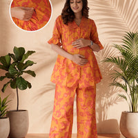 Rust Fuchsia Printed Cotton Maternity Feeding-Friendly Night Suit
