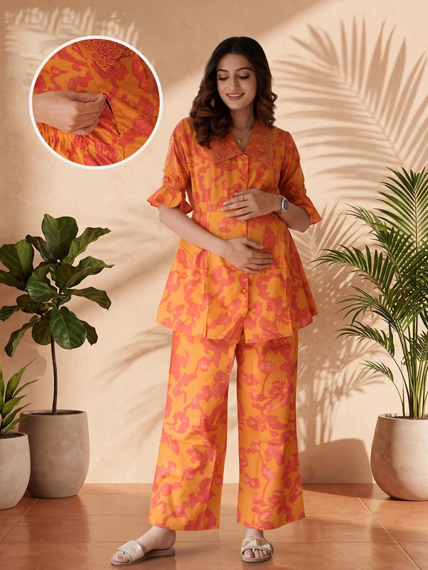 Rust Fuchsia Printed Cotton Maternity Feeding-Friendly Night Suit