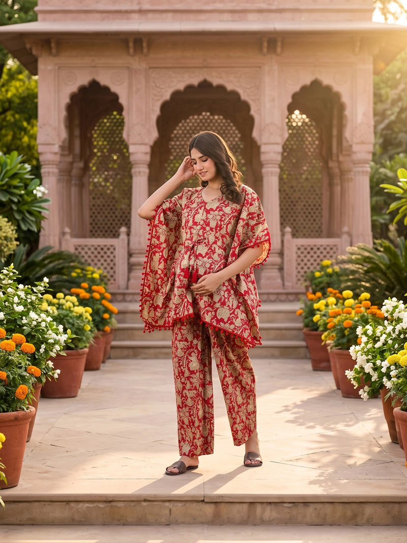 coral-ethnic-print-maternity-feeding-friendly-kaftan-night-suit-with-concealed-zipper