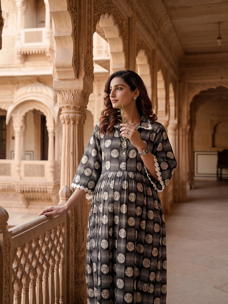 Black White Geometric Motifs Printed Maternity & Feeding Midi Dress