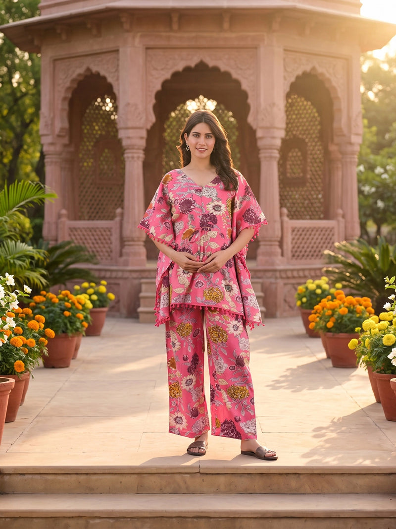 pink-multi-floral-printed-maternity-&-feeding-friendly-kaftan-night-suit-with-concealed-zipper