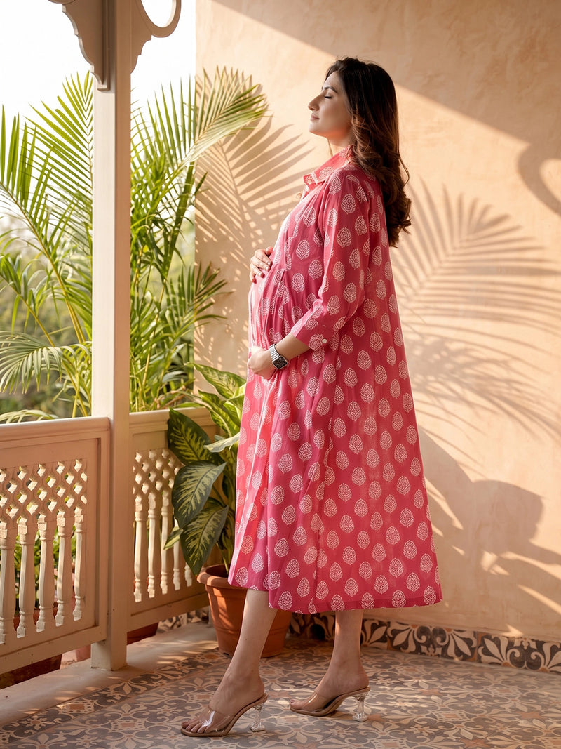 Fuchsia Ethnic Motifs Print Maternity & Nursing Midi Dress