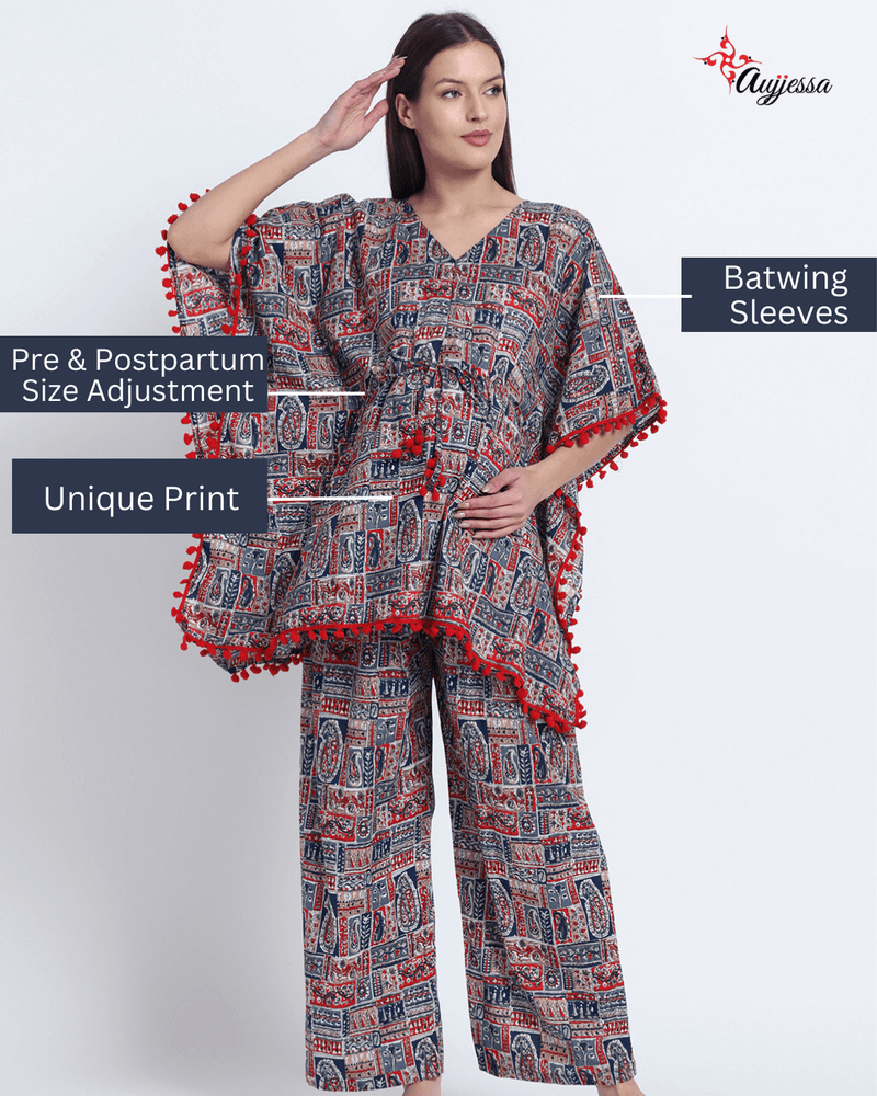 Indigo Red Ethnic Print Maternity Feeding-Friendly Kaftan Night Suit with Concealed Zipper