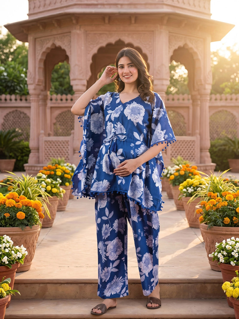royal-blue-floral-print-maternity-&-feeding-friendly-kaftan-night-suit-with-concealed-zipper