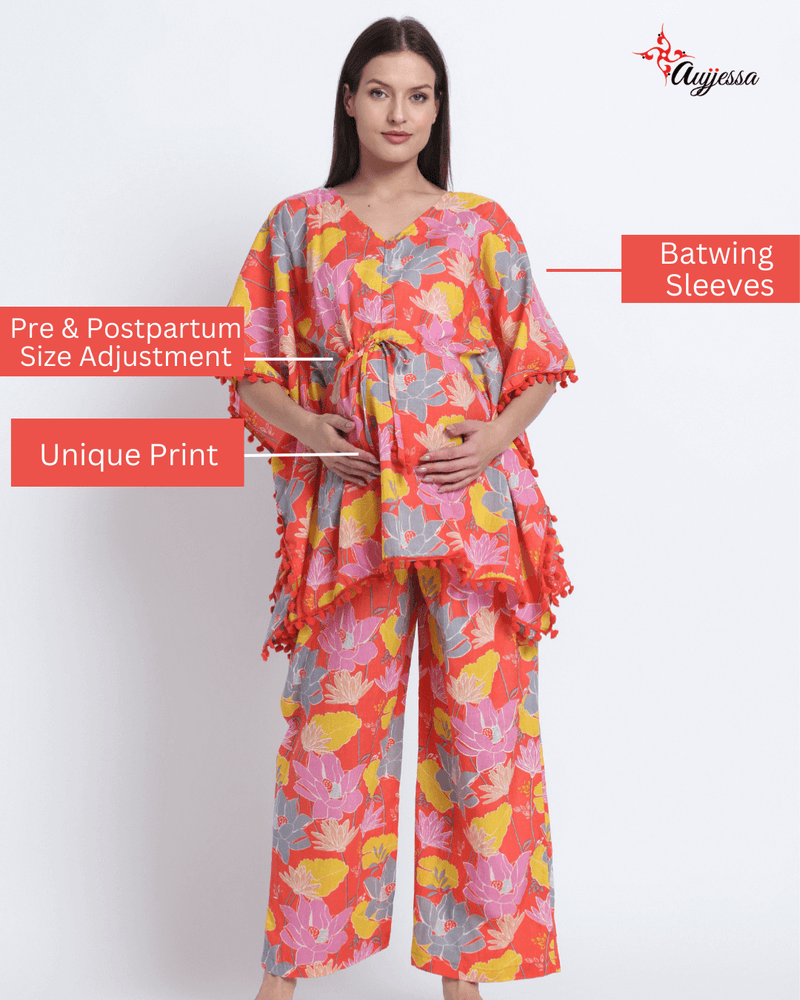 Peach Multi Floral Print Maternity Feeding-Friendly Kaftan Night Suit with Concealed Zipper
