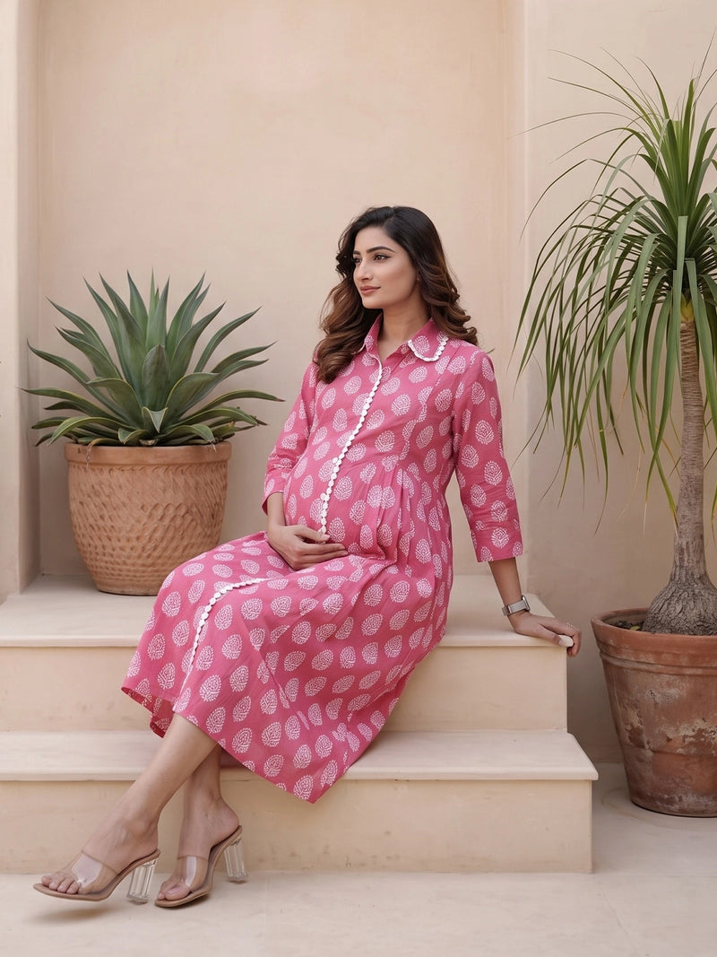 Fuchsia Ethnic Motifs Print Maternity & Nursing Midi Dress
