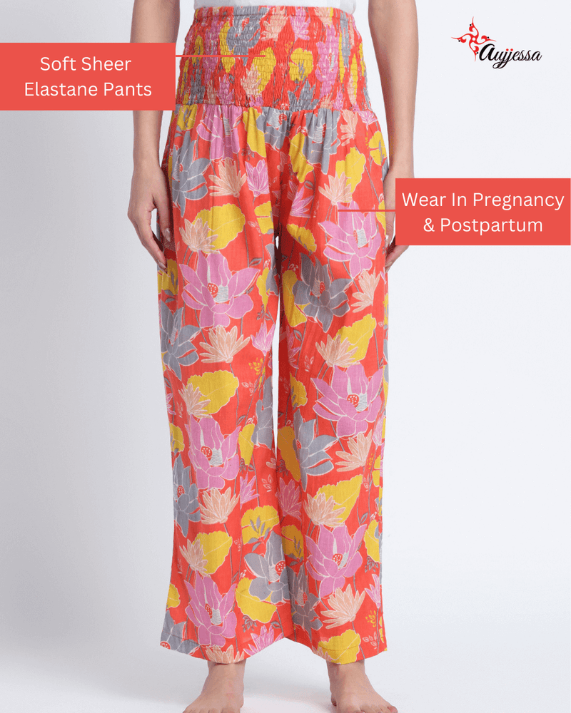 Peach Multi Floral Print Maternity Feeding-Friendly Kaftan Night Suit with Concealed Zipper