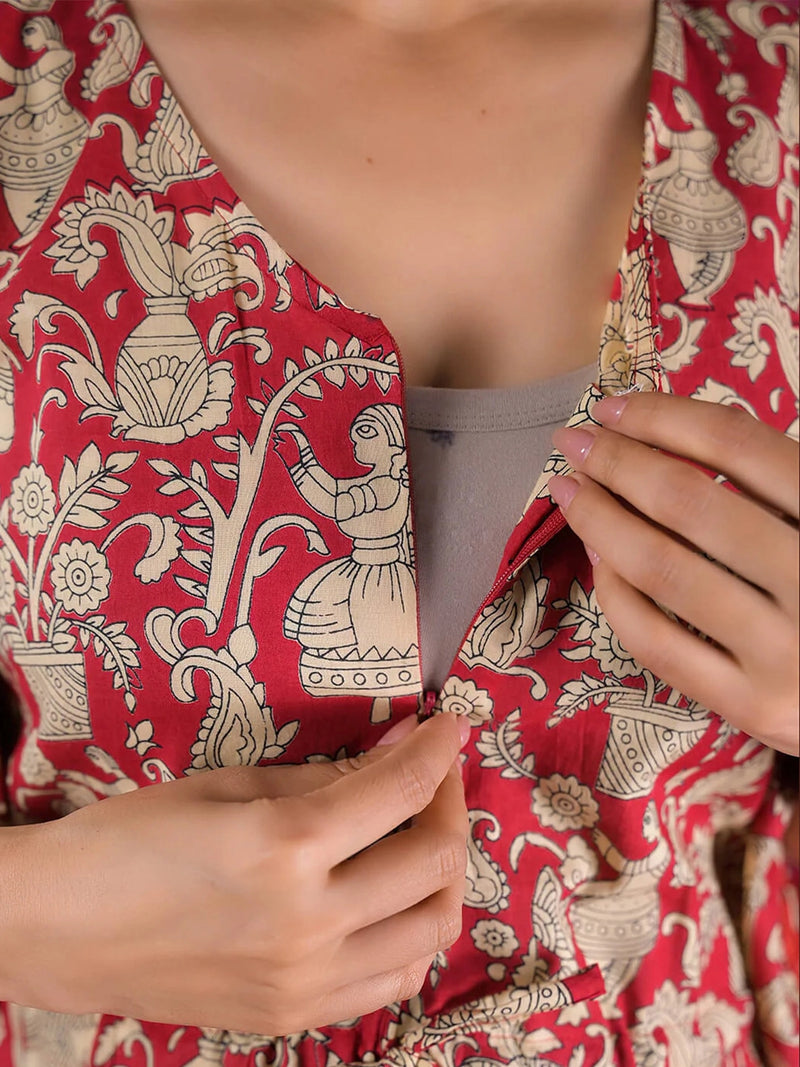coral-ethnic-print-maternity-feeding-friendly-kaftan-night-suit-with-concealed-zipper
