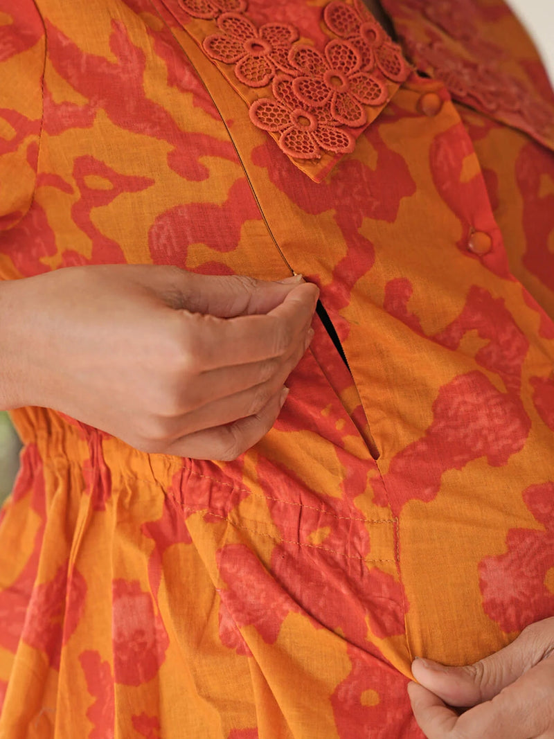 Rust Fuchsia Printed Cotton Maternity Feeding-Friendly Night Suit