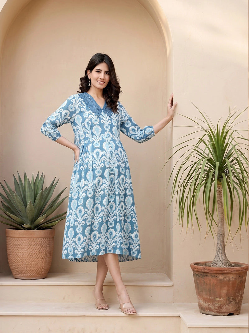 Teal Blue Ikat Print Maternity & Feeding Midi Dress with Concealed Zipper