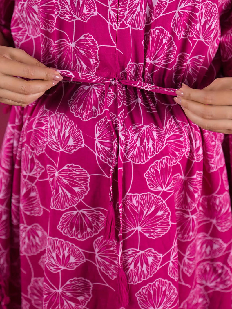Wine White Floral Print Cotton Maternity Feeding-Friendly Kaftan Dress
