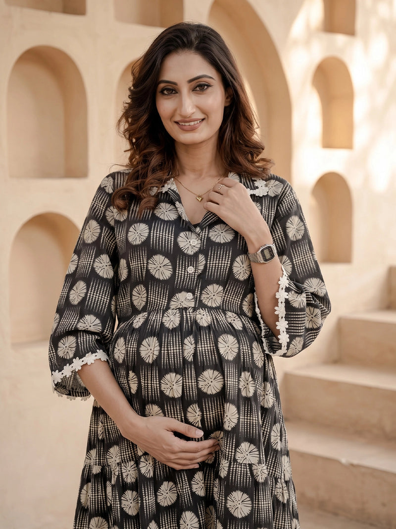 Black White Geometric Motifs Printed Maternity & Feeding Midi Dress