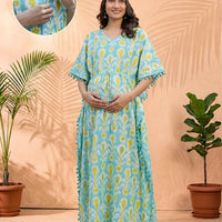 Turquoise Blue Ethnic Print Maternity & Feeding Kaftan Dress