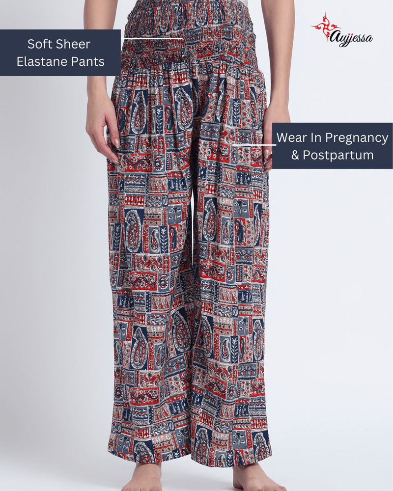 Indigo Red Ethnic Print Maternity Feeding-Friendly Kaftan Night Suit with Concealed Zipper