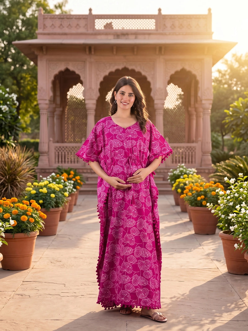 Wine White Floral Print Cotton Maternity Feeding-Friendly Kaftan Dress