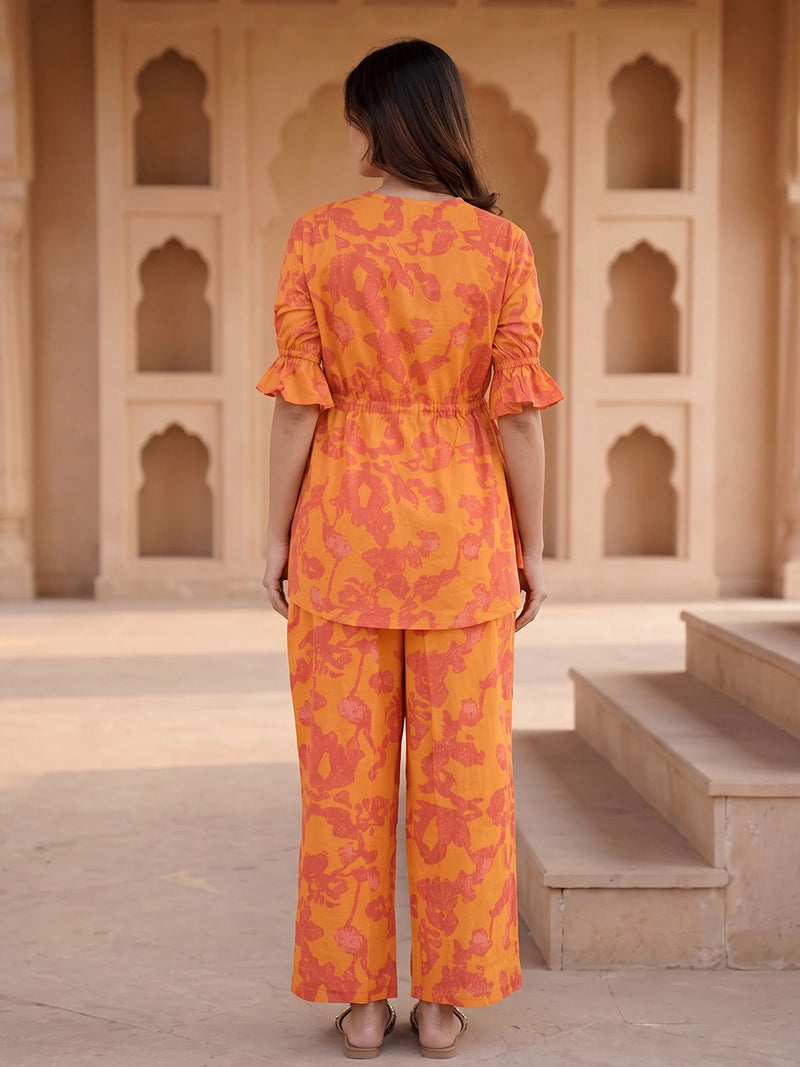 Rust Fuchsia Printed Cotton Maternity Feeding-Friendly Night Suit