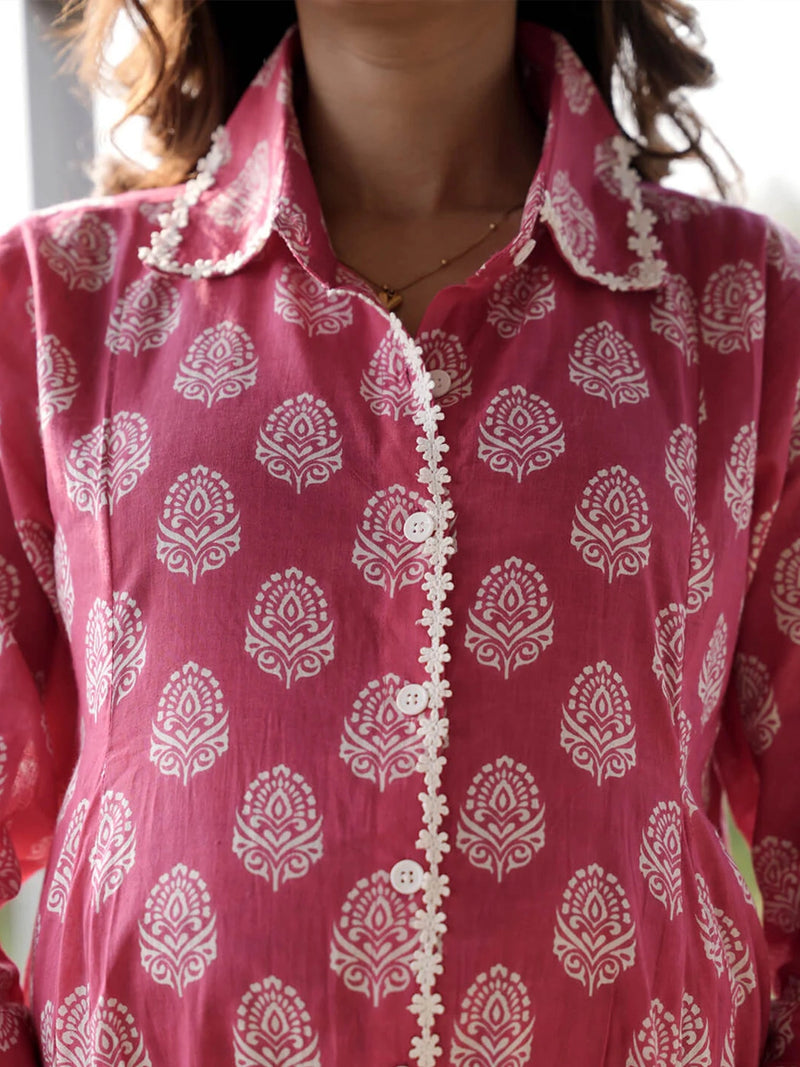 Fuchsia Ethnic Motifs Print Maternity & Nursing Midi Dress