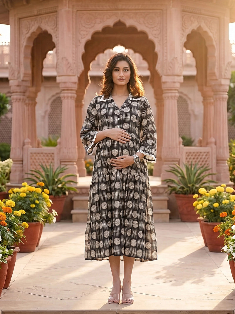 Black White Geometric Motifs Printed Maternity & Feeding Midi Dress