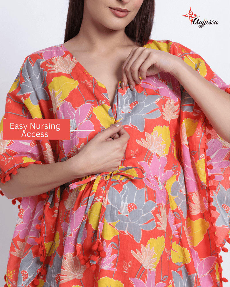 Peach Multi Floral Print Maternity Feeding-Friendly Kaftan Night Suit with Concealed Zipper