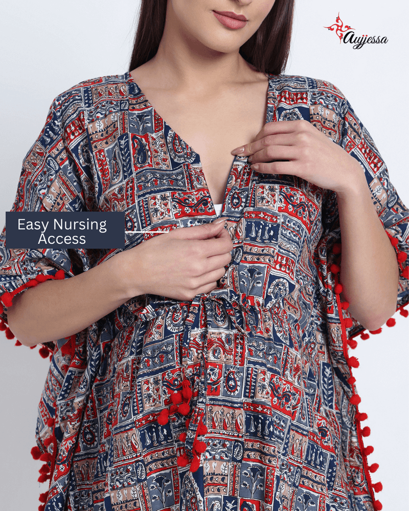 Indigo Red Ethnic Print Maternity Feeding-Friendly Kaftan Night Suit with Concealed Zipper