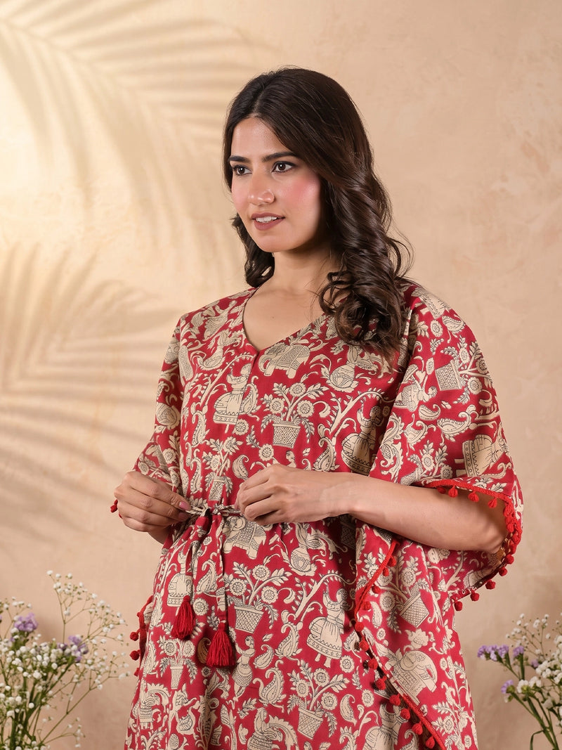 coral-ethnic-print-maternity-feeding-friendly-kaftan-night-suit-with-concealed-zipper