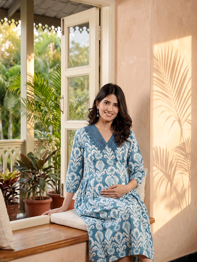 Teal Blue Ikat Print Maternity & Feeding Midi Dress with Concealed Zipper