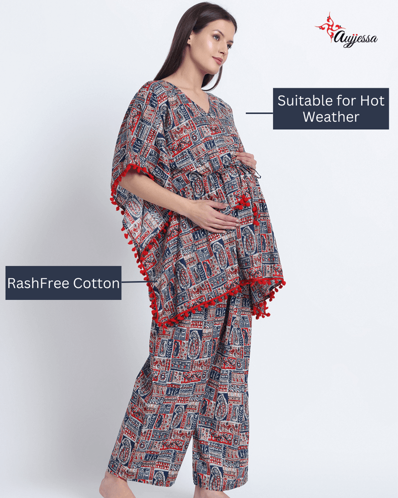 Indigo Red Ethnic Print Maternity Feeding-Friendly Kaftan Night Suit with Concealed Zipper