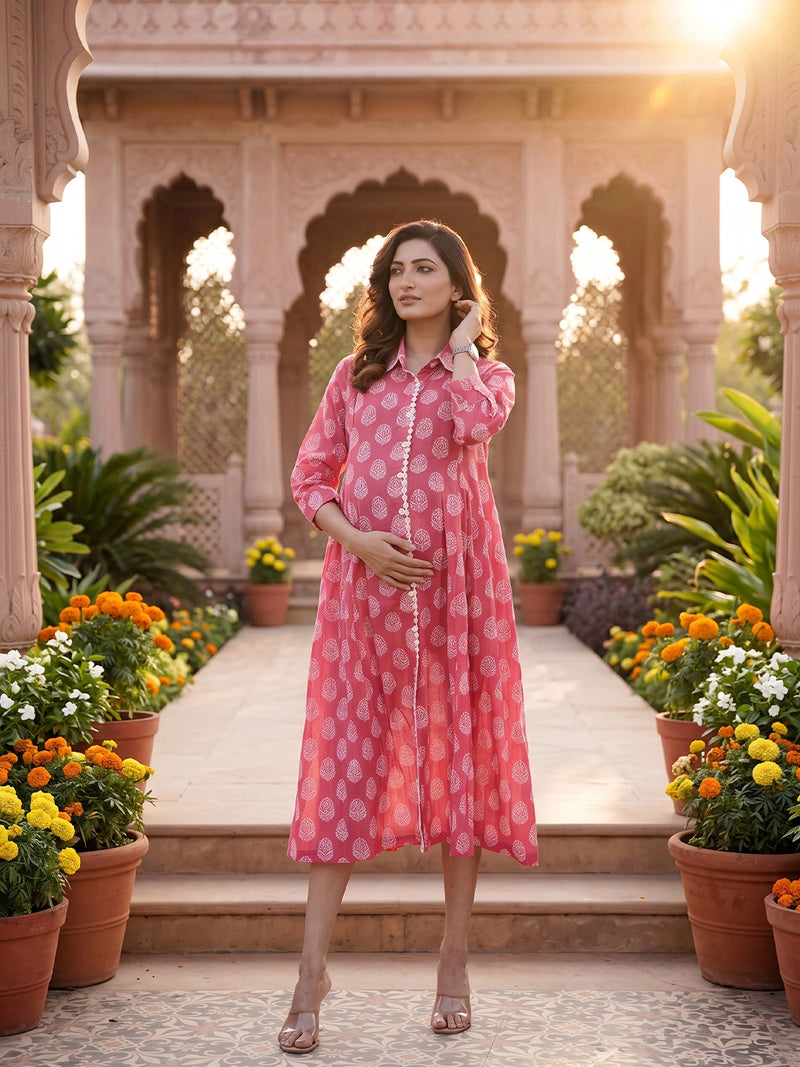 Fuchsia Ethnic Motifs Print Maternity & Nursing Midi Dress