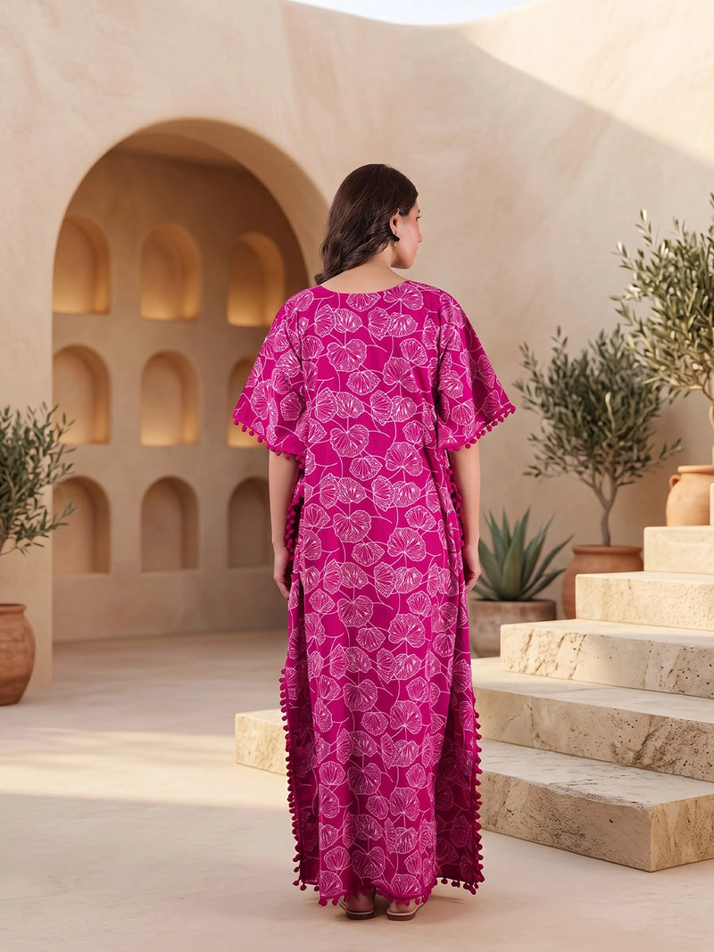 Wine White Floral Print Cotton Maternity Feeding-Friendly Kaftan Dress