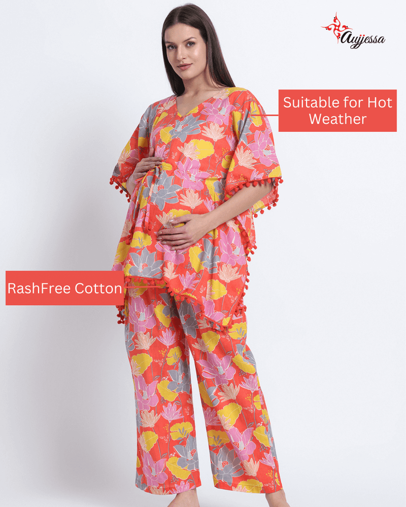 Peach Multi Floral Print Maternity Feeding-Friendly Kaftan Night Suit with Concealed Zipper