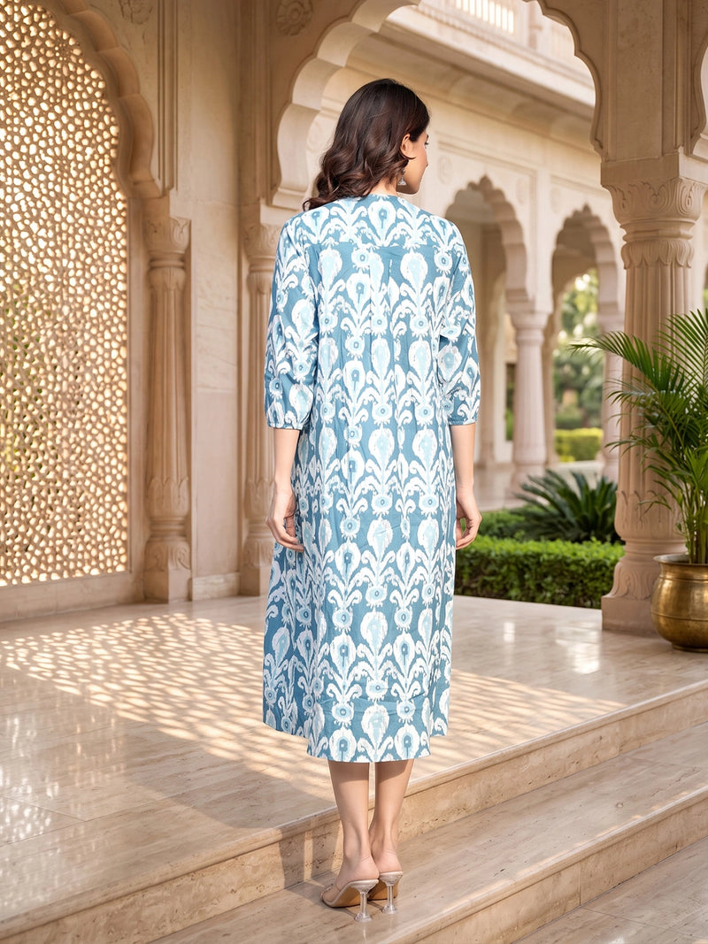 Teal Blue Ikat Print Maternity & Feeding Midi Dress with Concealed Zipper