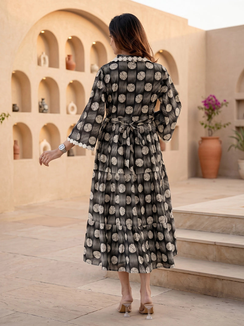 Black White Geometric Motifs Printed Maternity & Feeding Midi Dress