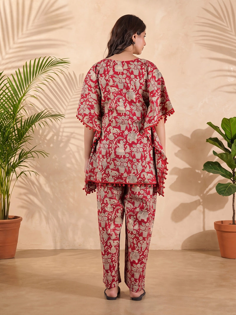 coral-ethnic-print-maternity-feeding-friendly-kaftan-night-suit-with-concealed-zipper