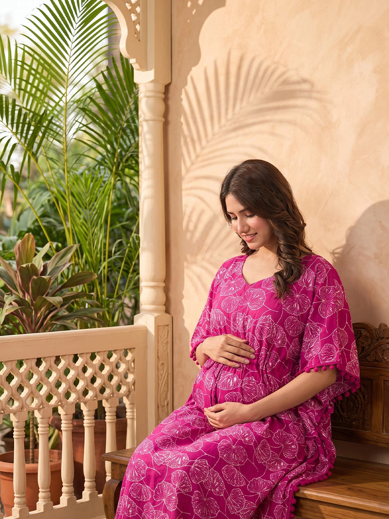 Wine White Floral Print Cotton Maternity Feeding-Friendly Kaftan Dress