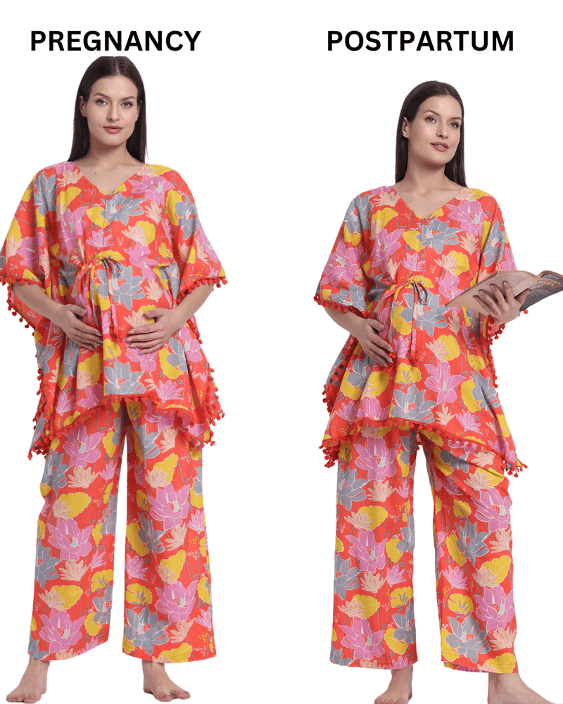 Peach Multi Floral Print Maternity Feeding-Friendly Kaftan Night Suit with Concealed Zipper