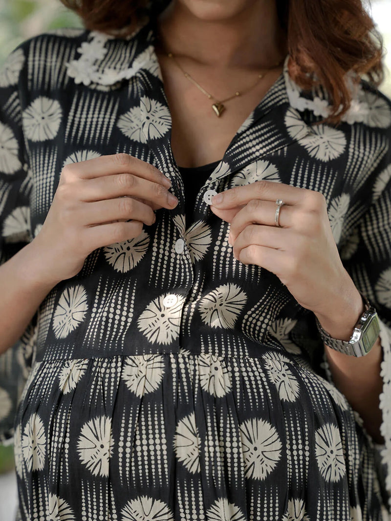 Black White Geometric Motifs Printed Maternity & Feeding Midi Dress